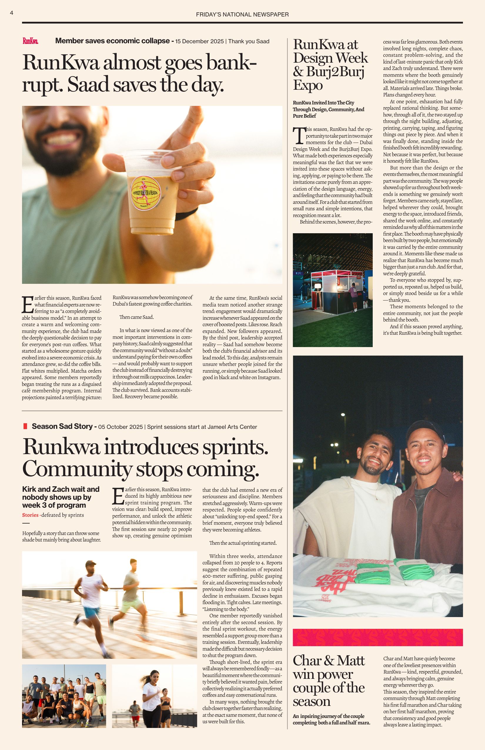 Page 4: RunKwa almost goes bankrupt, Saad saves the day; RunKwa introduces sprints